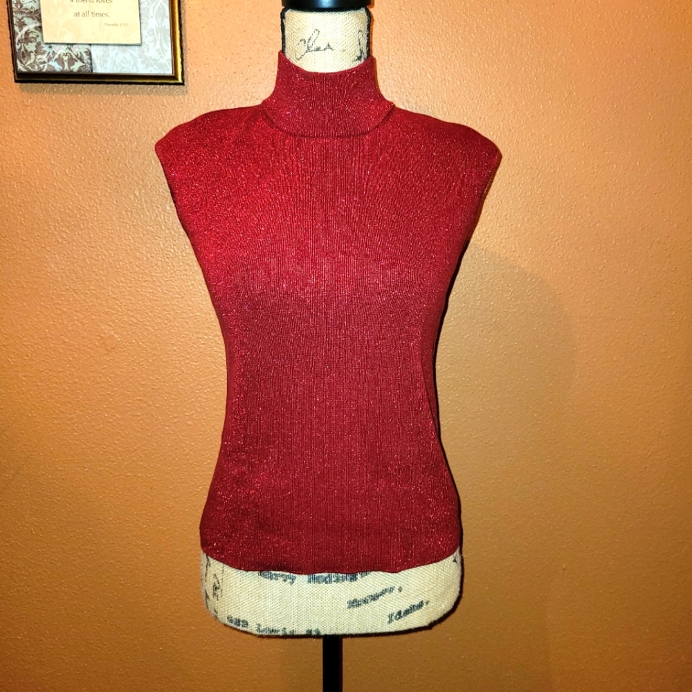 Coldwater Creek Sleeveless Silk Knit Sweater Red Sparkle High collar